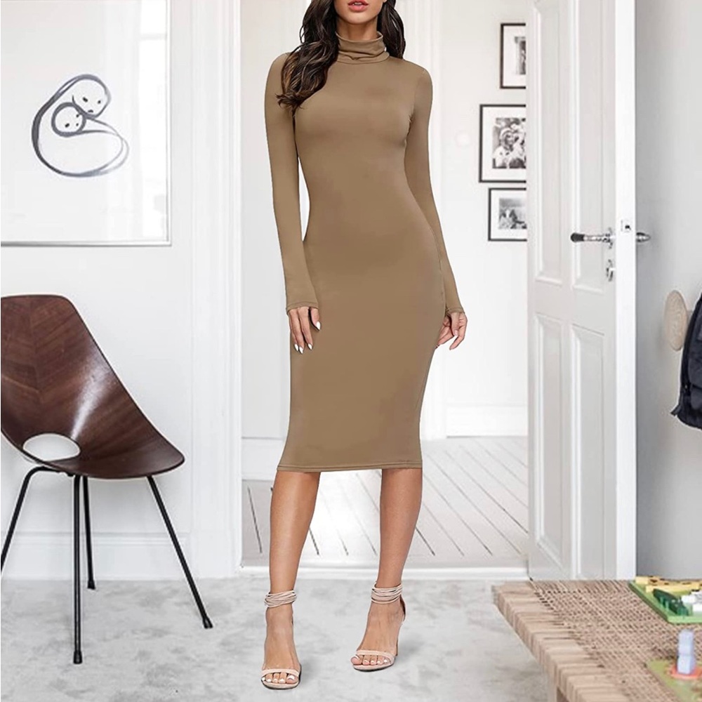 Women Winter Turtleneck Bodycon Dresses - Long Sleeve Solid Midi Sexy Club Dress